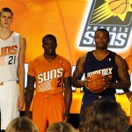 Alex Len, Eric Bledsoe, P.J. Tucker and Caron Butler model the new Suns uniforms. (Photo: Vince Marotta/Arizona Sports)