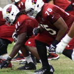 Linemen Levi Brown (75) and Jonathan Cooper (61) prepare for the snap during Arizona Cardinals training camp on Aug. 19, 2013 at University of Phoenix Stadium in Glendale. (Adam Green/Arizona Sports)