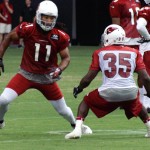 Receiver Larry Fitzgerald begins his route as Javier Arenas defends during Arizona Cardinals training camp on Aug. 19, 2013 at University of Phoenix Stadium in Glendale. (Adam Green/Arizona Sports)