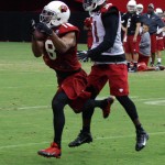 Receiver Kerry Taylor makes a catch in fron of Patrick Peterson during Arizona Cardinals training camp on Aug. 19, 2013 at University of Phoenix Stadium in Glendale. (Adam Green/Arizona Sports)