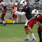 Quarterback Carson Palmer received the snap while running back Andre Ellington stands next to him during Arizona Cardinals training camp on Aug. 19, 2013 at University of Phoenix Stadium in Glendale. (Adam Green/Arizona Sports)