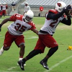 Patrick Peterson runs with the ball while Javier Arenas trails and a penalty flag is on the ground during Arizona Cardinals training camp on Aug. 19, 2013 at University of Phoenix Stadium in Glendale. (Adam Green/Arizona Sports)