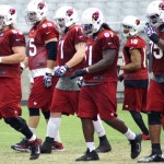 The offensive line walks up to the line of scrimmage during Arizona Cardinals training camp at University of Phoenix Stadium on Aug. 22, 2013. (Adam Green/Arizona Sports)