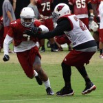 Receiver Mike Thomas tries to get by defensive back Patrick Peterson during Arizona Cardinals training camp at University of Phoenix Stadium on Aug. 22, 2013. (Adam Green/Arizona Sports)