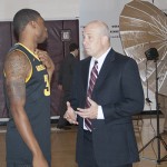 Coach Herb Sendek talks to Jermaine Marshall (34) during ASU Basketball Media Day 2013-14 in Tempe, Ariz. (Dave Dulberg/Arizona Sports)