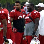 Karlos Dansby, Darnell Dockett and Anthony McCloud share a conversation during practice at the team's Tempe training facility Friday, Nov. 15, 2013. (Adam Green/Arizona Sports)