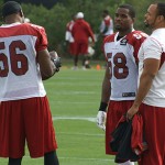 Karlos Dansby, Daryl Washington and Lorenzo Alexander chat during practice at the team's Tempe training facility Nov. 20, 2013. (Adam Green/Arizona Sports)