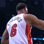 Miami Heat forward Lebron James with a "King James" nickname on his jersery. (Twitter photo/@jose3030)