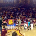 Former Arizona State basketball star Eddie House walks to midcourt during halftime of Saturday's Sun Devils-Colorado Buffaloes game at Wells Fargo Arena in Tempe, Ariz. (Twitter photo/@TheSunDevils)