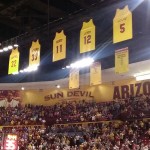 The No. 5 jersey of former Arizona State standout Eddie House takes its place in the rafters among four other honorees at Wells Fargo Arena on Saturday, Jan. 25. (Twitter photo/@TylerBoyle44)