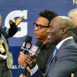 Former NFL players Eric Davis (left) and Terrell Davis chat on NFL Network at the annual Super Bowl XLVIII Media Day Tuesday, Jan. 28, 2014 at the Prudential Center in Newark, New Jersey. (Photo: Vince Marotta/Arizona Sports)