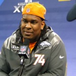 Denver offensive lineman Orlando Franklin answers questions at Super Bowl XLVIII Media Day Tuesday, Jan. 28, 2014 at the Prudential Center in Newark, New Jersey. (Photo: Vince Marotta/Arizona Sports)