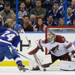 Phoenix Coyotes goalie Mike Smith (41) stops Tampa Bay Lightning right wing Ryan Callahan (24) during a shoot out in an NHL hockey game Monday, March 10, 2014, in Tampa, Fla. The Coyotes won the game 4-3. (AP Photo/Chris O'Meara)