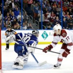Phoenix Coyotes right wing Radim Vrbata (17), of the Czech Republic, beats Tampa Bay Lightning goalie Ben Bishop for a goal in a shoot out an NHL hockey game Monday, March 10, 2014, in Tampa, Fla. The Coyotes won the game 4-3. (AP Photo/Chris O'Meara)