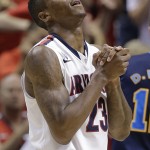 Arizona's Rondae Hollis-Jefferson reacts after a team turnover to UCLA in the second half during the championship game of the NCAA Pac-12 conference college basketball tournament, Saturday, March 15, 2014, in Las Vegas. UCLA won 75-71. (AP Photo/Julie Jacobson)
