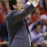 UCLA coach Steve Alford reacts after an Aizona turnover late in the second half during the championship game of the NCAA Pac-12 conference college basketball tournament, Saturday, March 15, 2014, in Las Vegas. UCLA won 75-71. (AP Photo/Julie Jacobson)