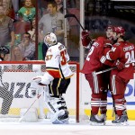 Calgary Flames goalie Joni Ortio (37) looks away as Phoenix Coyotes' Paul Bissonnette, center, Kyle Chipchura (24) and Chris Summers, rear, celebrate Summers' first NHL goal during the first period of an NHL hockey game on Saturday, March 15, 2014, in Glendale, Ariz. (AP Photo/Matt York)