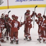 The Phoenix Coyotes celebrate after an NHL hockey game against the Calgary Flames, Saturday, March 15, 2014, in Glendale, Ariz. The Coyotes won 3-2. (AP Photo/Matt York)