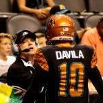 Arizona Rattlers' quarterback Nick Davila talks with head coach Kevin Guy during the Rattlers' 73-69 win over the Pittsburgh Power on Saturday at US Airways Center. (Arizona Sports/Clayton Klapper)