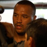 Michael Floyd chats with the media following voluntary workouts at the Tempe facility April 24, 2014. (Adam Green/Arizona Sports)