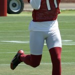 Receiver Larry Fitzgerald makes a catch during OTAs at the Arizona Cardinals' Tempe training facility May 20, 2014. (Adam Green/Arizona Sports)