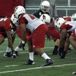 The offense and defense lines up during Arizona Cardinals rookie camp Friday, May 23, at the team's Tempe training facility. (Adam Green/Arizona Sports)