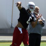 Quarterback Logan Thomas throws a pass while assistant coach Tom Moore watches during Arizona Cardinals OTAs at the team's Tempe training facility May 27, 2014. (Adam Green/Arizona Sports)