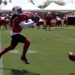 Receiver Larry Fitzgerald can't catch an overthrown pass during Arizona Cardinals OTAs at the team's Tempe training facility May 27, 2014. (Adam Green/Arizona Sports)
