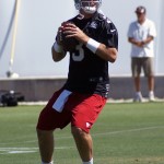 Carson Palmer drops back to pass during OTAs at the team's Tempe training facility June 5, 2014. (Adam Green/Arizona Sports)