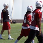 Carson Palmer, Andre Ellington and Michael Floyd line up during OTAs at the team's Tempe training facility June 5, 2014. (Adam Green/Arizona Sports)