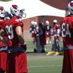 Tight ends Andre Hardy, John Carlson and Rob Housler watch during Cardinals minicamp at the Tempe training facility June 10, 2014. (Adam Green/Arizona Sports)