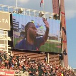 Arizona Cardinals wide receiver Larry Fitzgerald appears on the video board at Target Field in Minneapolis during the All-Star Legends and Celebrity Softball Game. (Twitter Photo/@HawleyJolly)