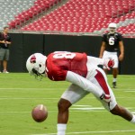 Wide receiver Dan Buckner can't come up with a low pass at Arizona Cardinals training camp Monday, July 28 at University of Phoenix Stadium in Glendale. (Photo: Vince Marotta/Arizona Sports)