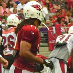 Quarterback Carson Palmer (3) and wide receiver Larry Fitzgerald (11) chat in between plays at Arizona Cardinals training camp Monday, July 28 at University of Phoenix Stadium in Glendale. (Photo: Vince Marotta/Arizona Sports)