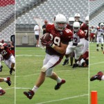 Tight end John Carlson catches a touchdown pass during Arizona Cardinals training camp July 28, 2014. (Adam Green/Arizona Sports)