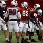 Center Ted Larsen points out a defender as the offense gets to the line of scrimmage during Arizona Cardinals training camp July 29, 2014. (Adam Green/Arizona Sports)