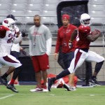 Receiver Jaron Brown heads for the end zone during Arizona Cardinals training camp July 29, 2014. (Adam Green/Arizona Sports)