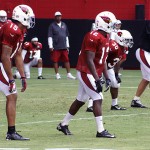 Receivers Michael Floyd and John Brown wait for the snap during Arizona Cardinals training camp July 29, 2014. (Adam Green/Arizona Sports)