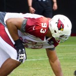 Defensive end Calais Campbell gets ready for the snap at Arizona Cardinals training camp at University of Phoenix Stadium in Glendale. (Photo: Vince Marotta/Arizona Sports)