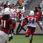Receiver Michael Floyd fails to come down with the pass in a crowd during Arizona Cardinals training camp Aug. 7, 2014. (Photo: Adam Green/Arizona Sports)