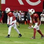 Receivers Michael Floyd (15) and Larry Fitzgerald line up for a play during Arizona Cardinals training camp at University of Phoenix Stadium in Glendale. (Photo: Vince Marotta/Arizona Sports)
