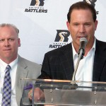 Majority owner Ron Shurts addresses the crowd while head coach Kevin Guy looks on during the Arizona Rattlers Championship Parade Wednesday, Aug. 26, 2014. (Photo: Vince Marotta/Arizona Sports)