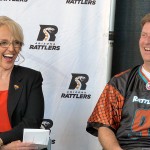 Governor Jan Brewer and Phoenix Mayor Greg Stanton have a laugh during the Arizona Rattlers Championship Parade Wednesday, Aug. 26, 2014. (Photo: Vince Marotta/Arizona Sports)