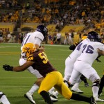 Salamo Fiso records his first sack of the year in ASU's 45-14 victory over Weber State Thursday at Sun Devil Stadium. (Photo: Clayton Klapper/Arizona Sports)