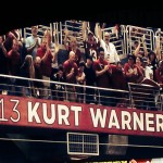 Former NFL quarterback Kurt Warner's name and jersey number are shown in University of Phoenix Stadium in Glendale, Ariz., on Monday, Sept. 6, 2014, after he was inducted into the Arizona Cardinals' Ring of Honor. (Photo: Dave Zadrozny)