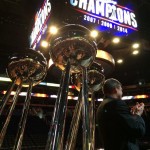 The Phoenix Mercury's three championship trophies are displayed during a championship rally in US Airways Center in Phoenix on Sunday, Sept. 14, 2014. (Twitter Photo/@PhoenixMercury)