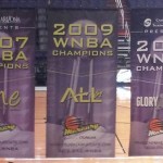 The Phoenix Mercury's three championship banners are shown in US Airways Center in Phoenix during a championship rally on Sunday, Sept. 14, 2014. (Twitter Photo/@PhoenyxxRising)