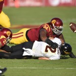 Southern California defensive end Leonard Williams (94) sacks Arizona State quarterback Mike Bercovici during the first half of an NCAA college football game, Saturday, Oct. 4, 2014, in Los Angeles. (AP Photo/Gus Ruelas)