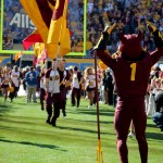 Sparky leads the way during pregame introductions. (Photo credit: Clayton Klapper/Arizona Sports)