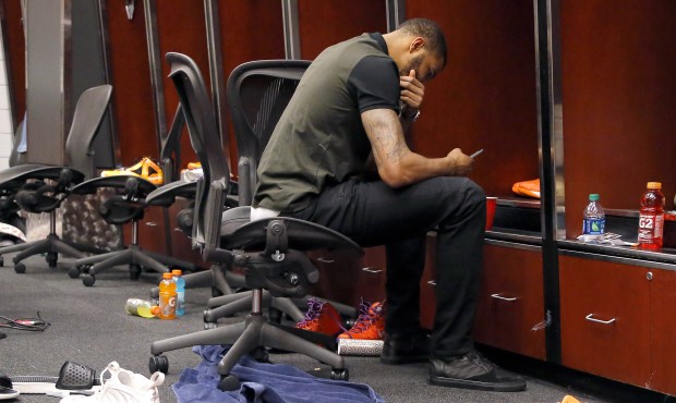 Phoenix Suns’ Markieff Morris sits in the locker room after an NBA basketball game against th...